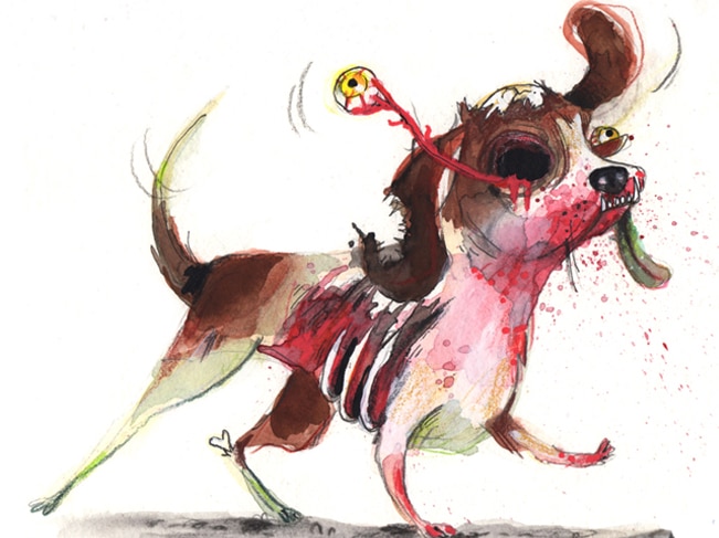 A cartoon drawing of a zombified dog