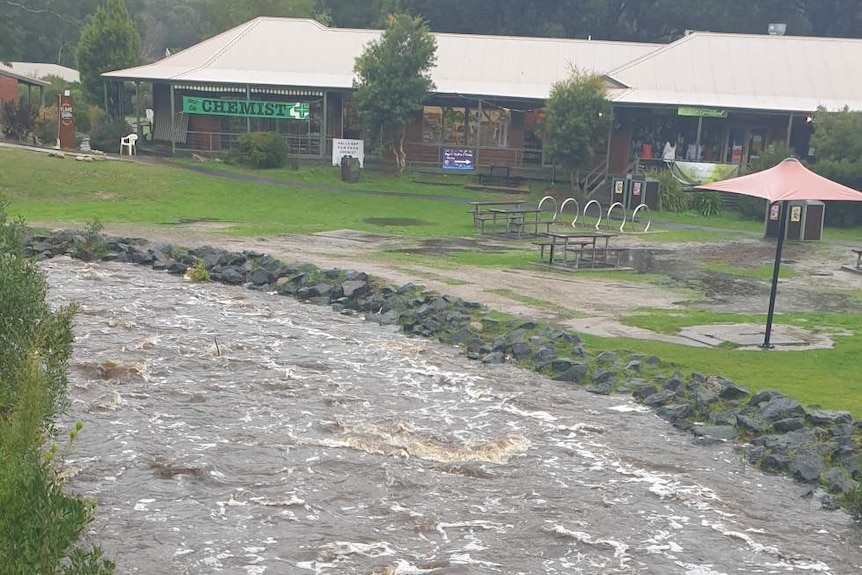 A creek running past shops in Halls Gap, Victoria