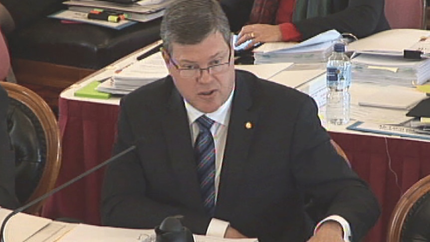 TV still of Qld Treasurer Tim Nicholls at budget estimates hearing. Thurs July 17, 2014