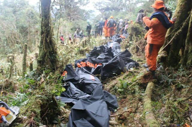 Body bags lined up in the mountainous Papuan jungle await evacuation after being recovered.