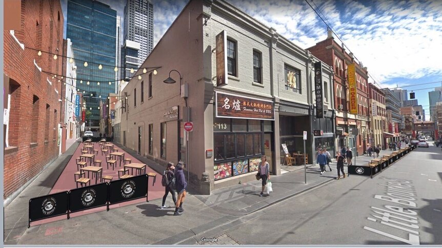 An artist's impression shows tables and chairs down a laneway and along the kerbside parking on Little Bourke Street.