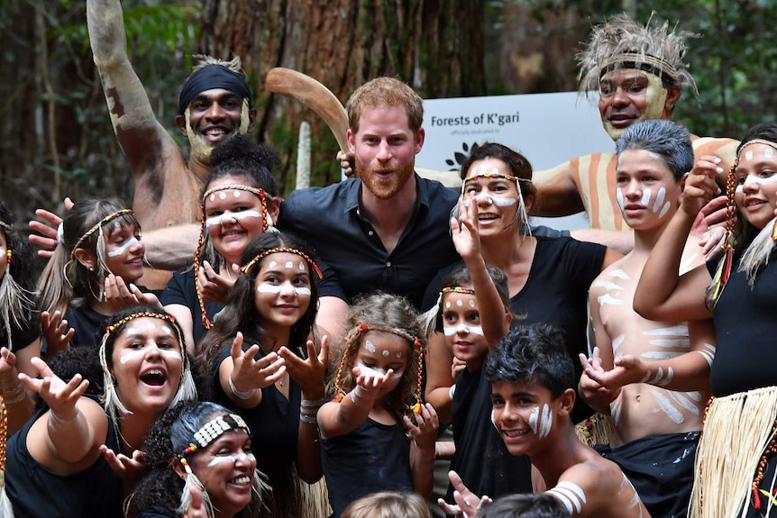 Prince Harry with members of the Butchulla people on Fraser Island.