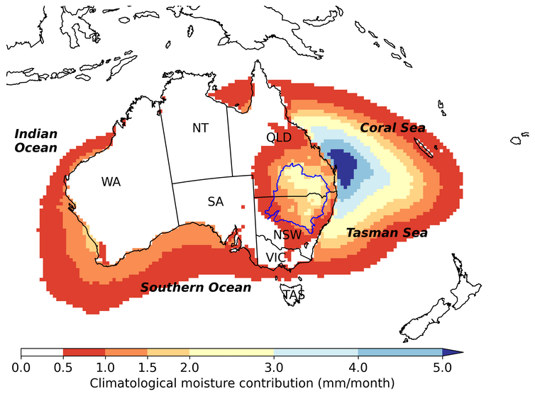 A weather map showing the rain in eastern Australia comes from the Coral and Tasman seas