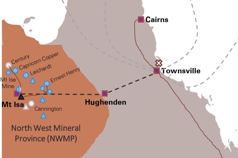 A graphic of a map showing the locations of various north and north west Queensland towns.