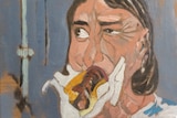 A painting of a woman eating a sausage. 