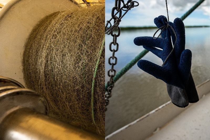 fishing net and a fishing glove hanging from a string