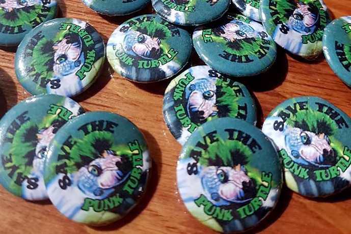 Badges with punk turtle images.