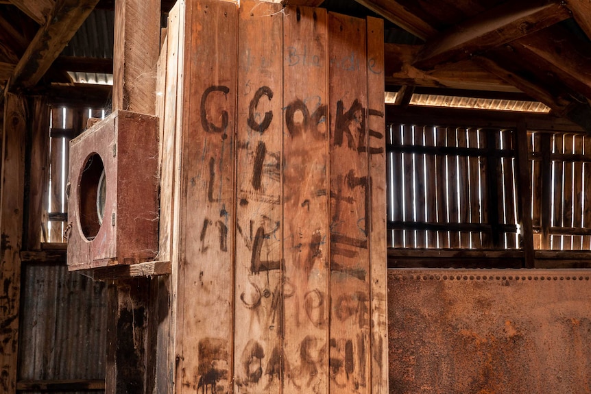 Graffitied names on a wooden wall