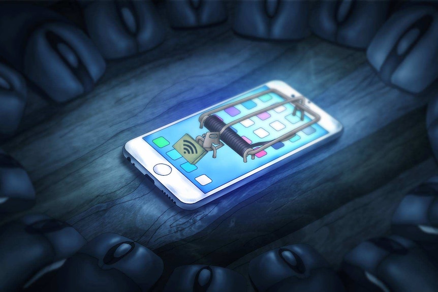 A still frame from the hand-drawn short film iRony showing a mobile phone with a mouse trap built on its screen.