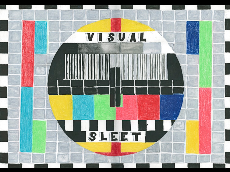 A video still showing a painting of a television test pattern with the words "VISUAL SLEET"
