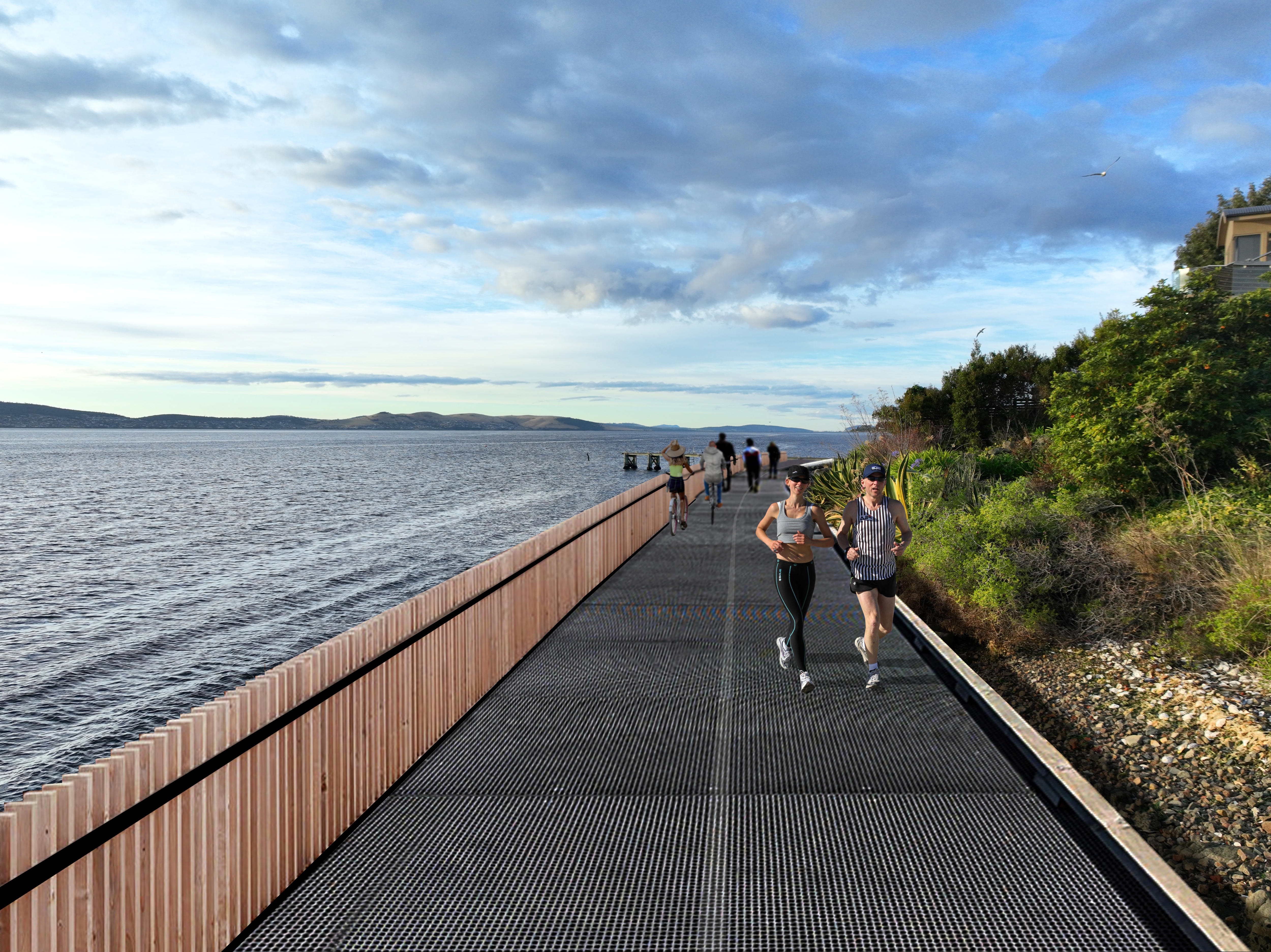 Digital render of two people jogging along a new walkway that stretches along the River Derwent.