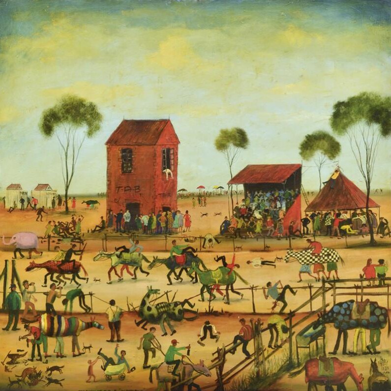 A painting showing a horse race.