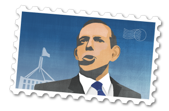 Illustration showing MP Tony Abbott on a blue postage stamp.