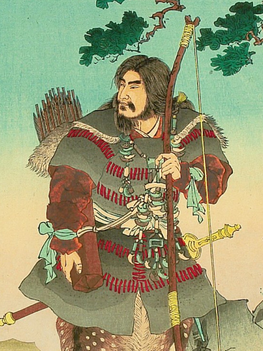 Detail of the woodblock print 'Emperor Jinmu - Stories from "Nihonki"' by Ginko Adachi, from 1891.