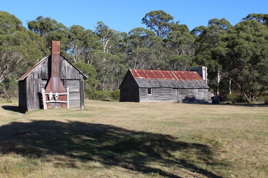 Two woolsheds stand next to each other on grass.