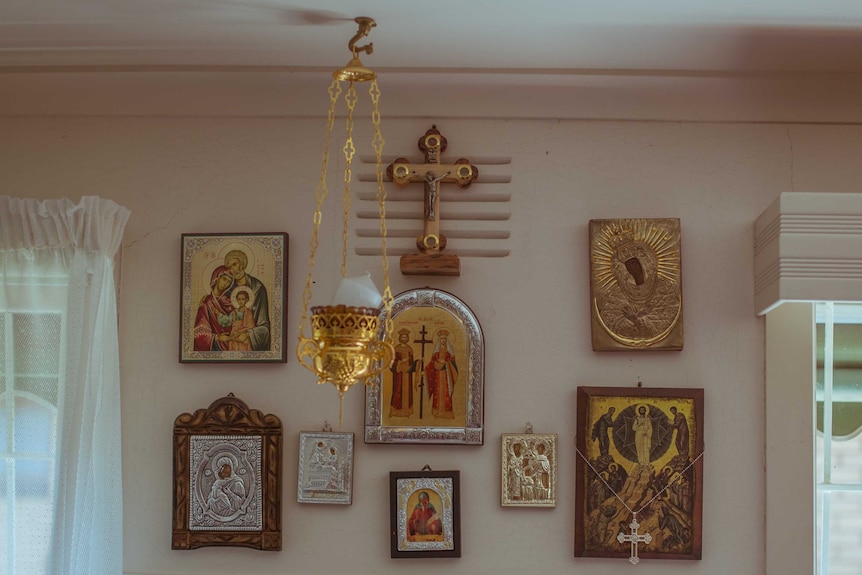 The family's home is filled with Greek Orthodox  iconography.