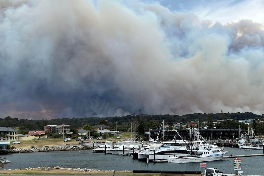 Smoke plumes into sky in front of a marina