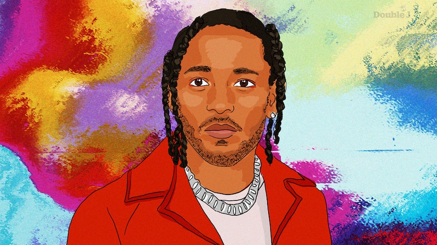A digital portrait of Kendrick. He's wearing a red jacket with a silver chain. The background is colourful. He looks hopeful.