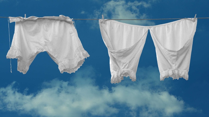 Two pairs of white bloomers on a washing line.