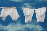 Two pairs of white bloomers on a washing line.