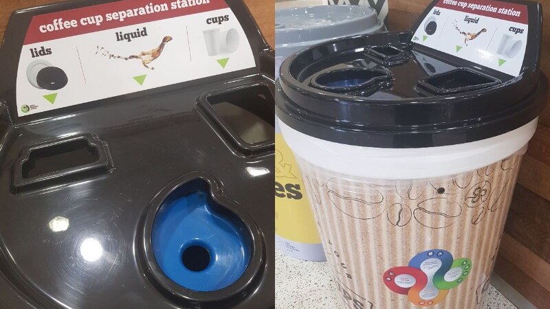 A coffee cup recycling station, shaped like a giant coffee cup, at Cooleman Court shopping centre.