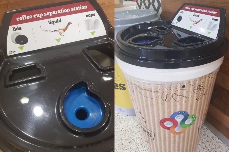 A coffee cup recycling station, shaped like a giant coffee cup, at Cooleman Court shopping centre.