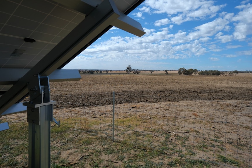 A view of bare paddocks from beside a solar panel array