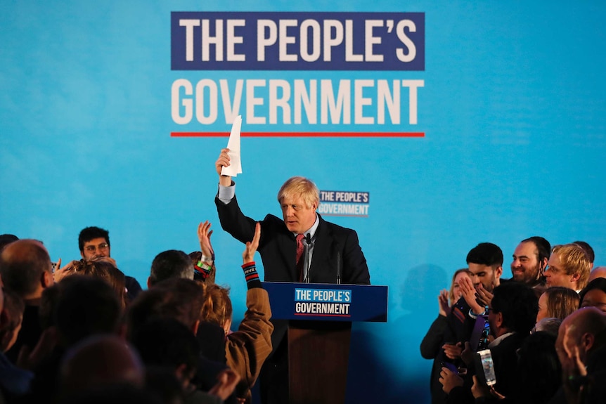 Britain's Prime Minister Boris Johnson gestures after speaking at a campaign event.