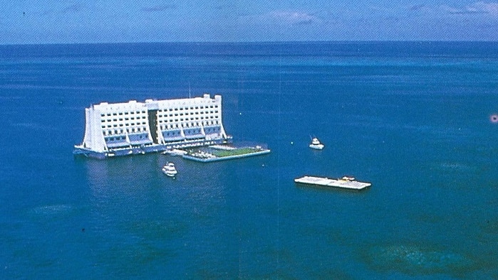 A scanned picture of the Barrier Reef Floating Resort, sitting on the sea off the coast of Townsville