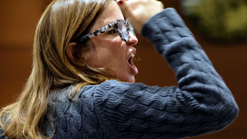 A woman raises her right arm and speaks with strong emotion inside a courtroom.