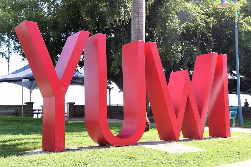 Public art spelling out Yuwi, the language of traditional owners of the area