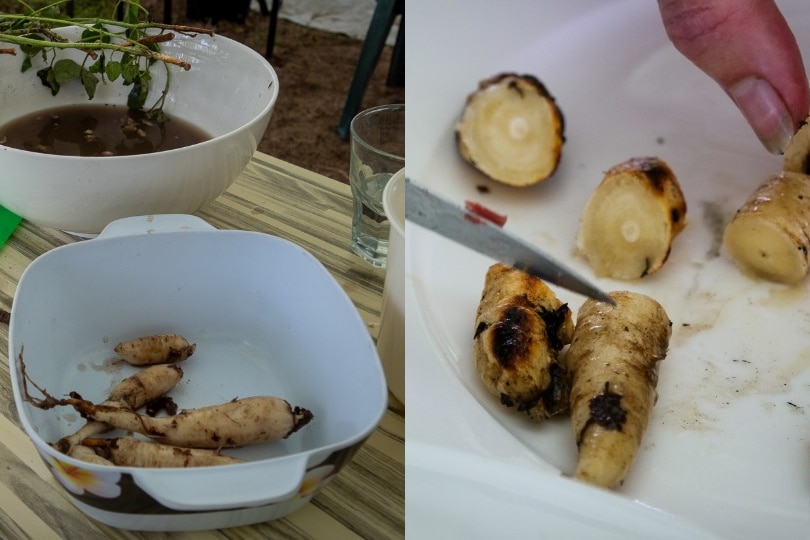 composite image of tubers being washed in bowls and cut up on plate