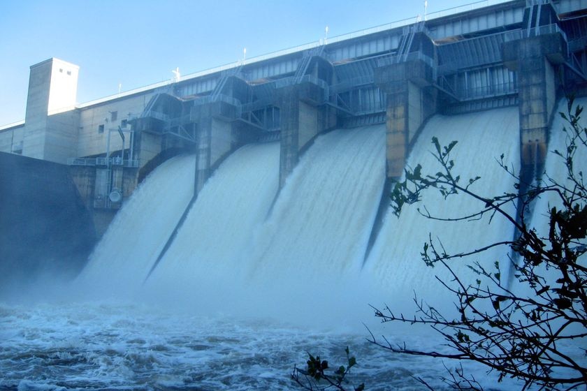 Water pours from the spillway at North Pine Dam
