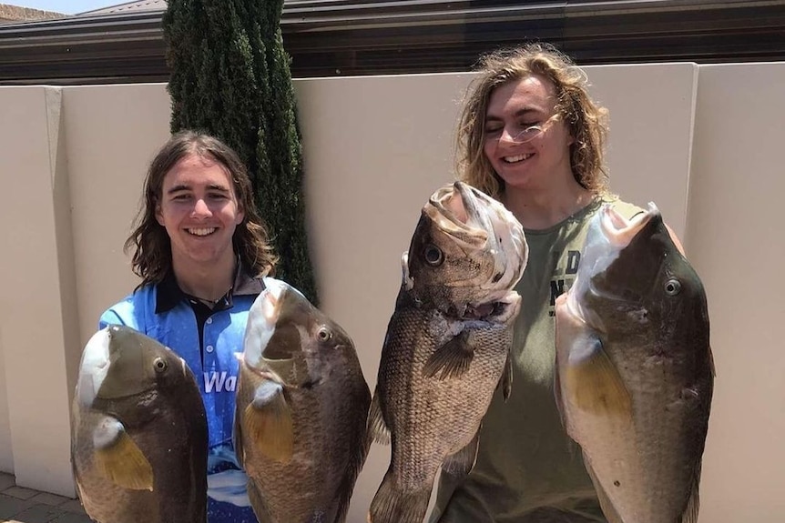 Two young men with long hair smiling holding big fish.