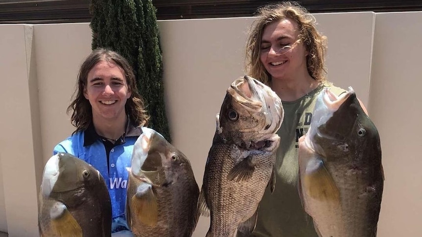 Two young men with long hair smiling holding big fish.