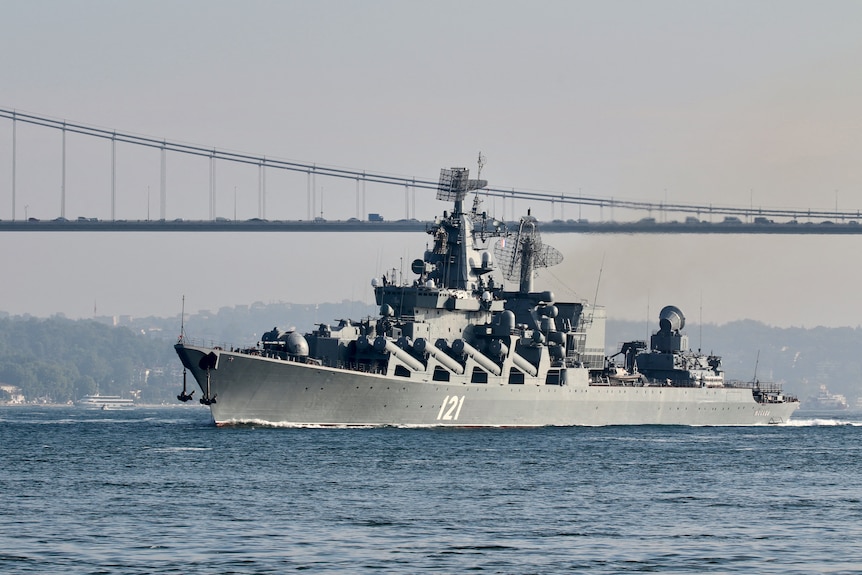 A large warship in water near a bridge. The numbers 121 are written on the side of the ship.