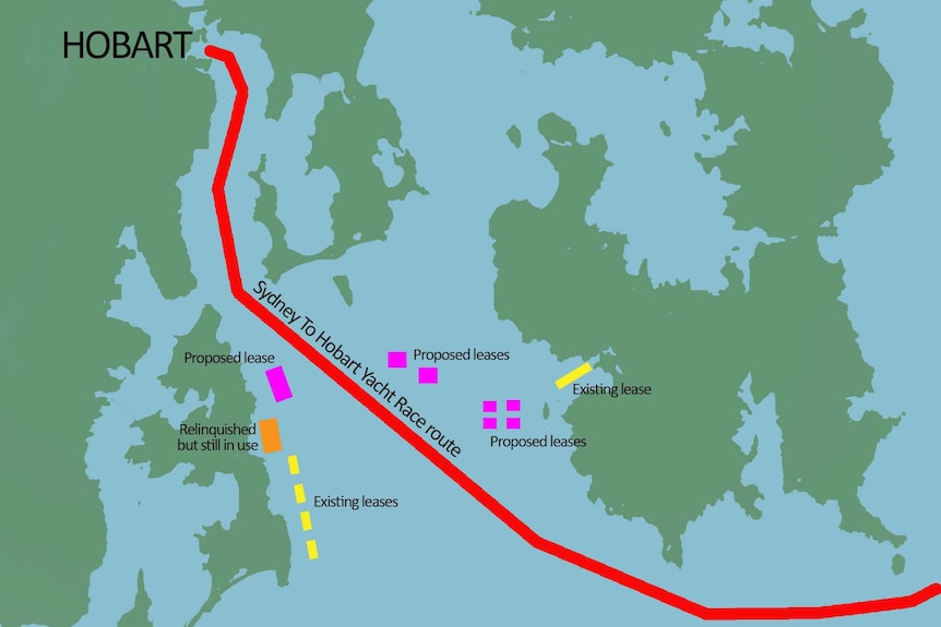 Storm Bay existing proposed salmon leases and Sydney To Hobart yacht race course.