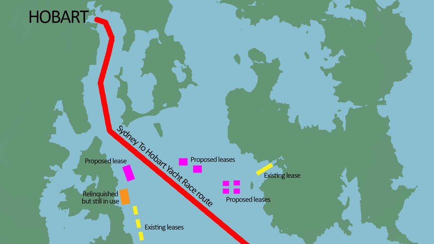 Storm Bay existing proposed salmon leases and Sydney To Hobart yacht race course.