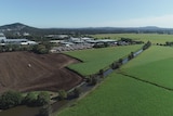 An overview of a dirt field next to green cane field from air.