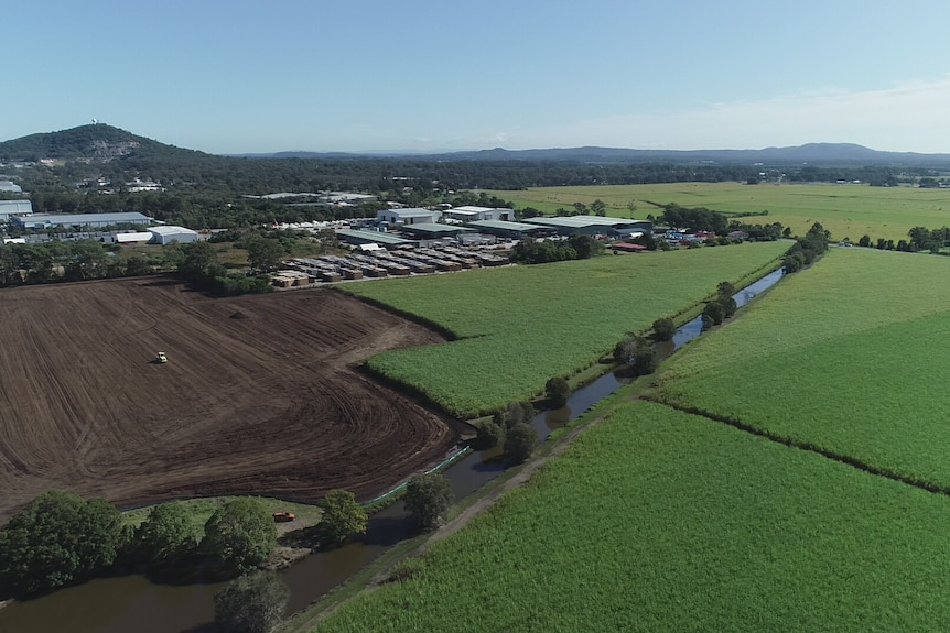 An overview of a dirt field next to green cane field from air.