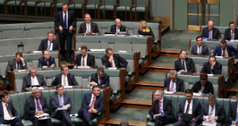 Coalition MPs fill the green backbenches in the House of Representatives. Tony Abbott is standing up.