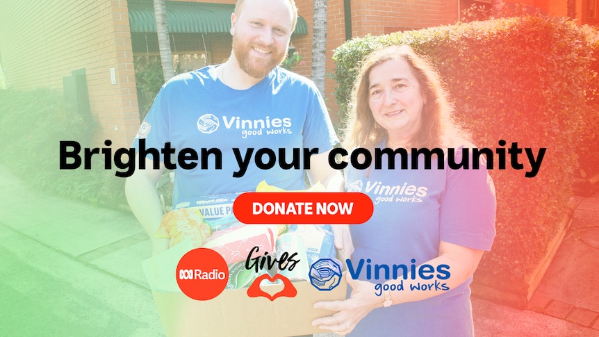 Two Vinnies volunteers hold a box of food and other essential goods. Text overlaid reads "Brighten your community, donate now".