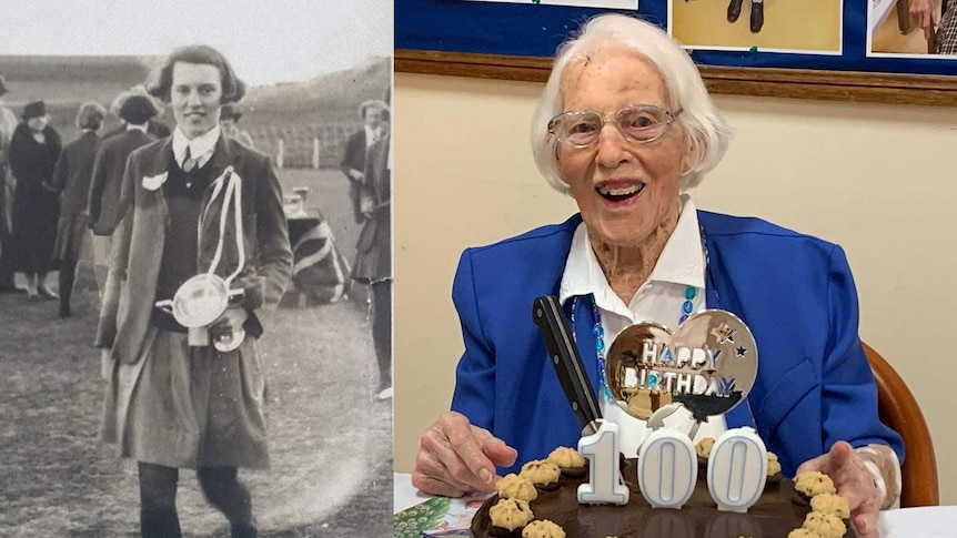 Beth Clewett (nee Walker) with her trophy for winning the 100-yard dash in 1935 and with her 100th birthday cake.
