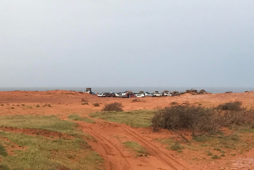 A long shot of cars parked on red sand by the beach. 