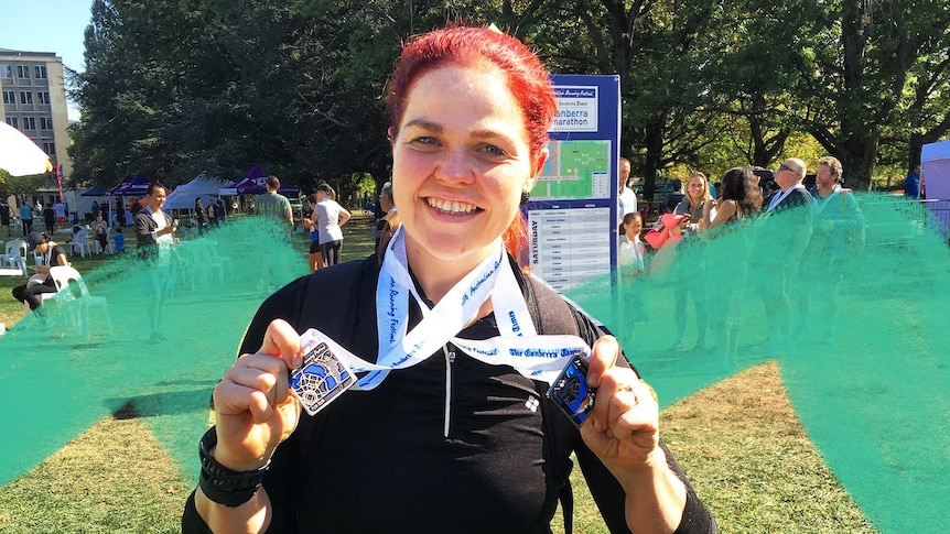 A photo of body Megan Williams, who has body dysmorphia, after running in an event in Canberra.