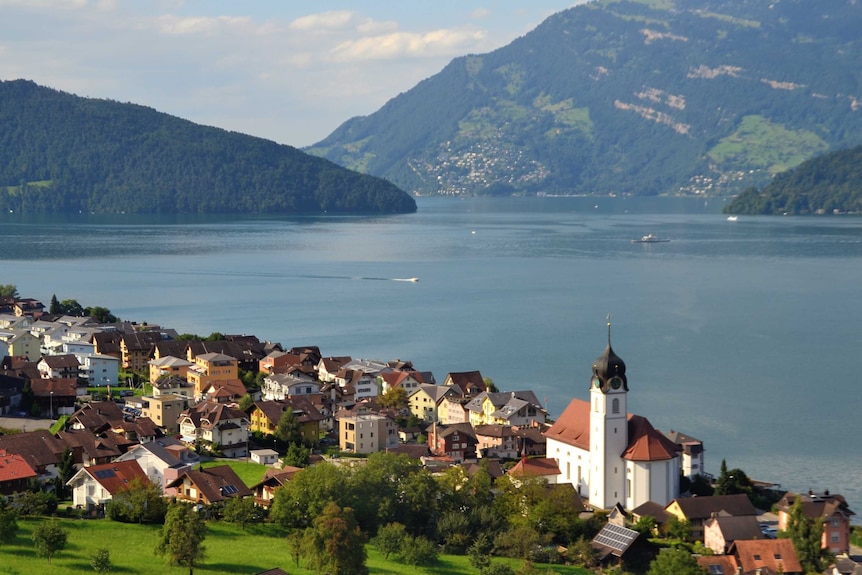 Lake Lucerne in Switzerland, as seen from land.