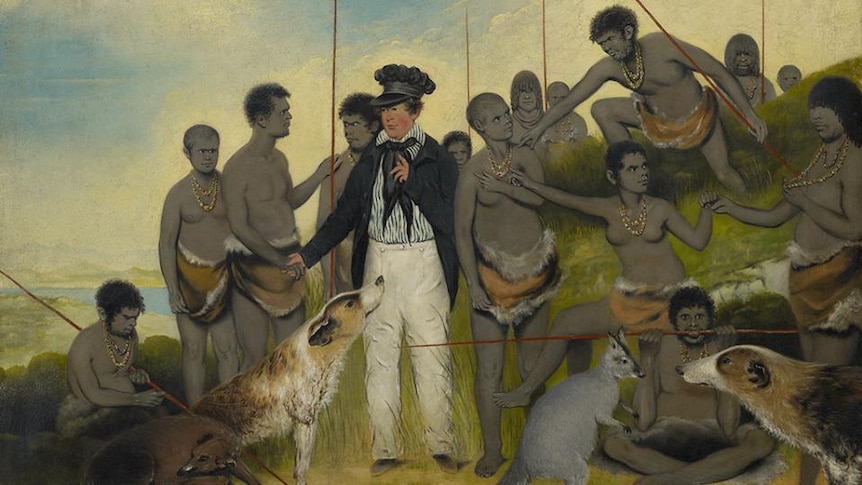 Painting of European man meeting with group of Aboriginal people