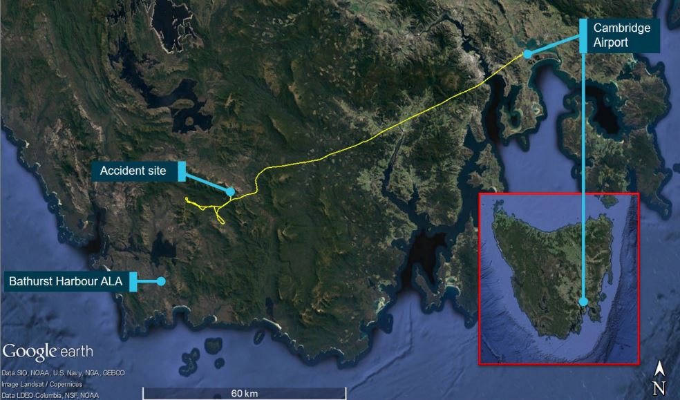 A terrain map of southern Tasmania showing Cambridge airport, Bathurst Harbour and a marked "accident site"