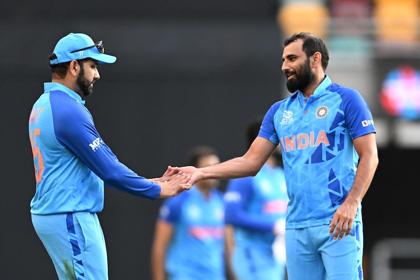 Two bearded Indian men, wearing the light blue uniform of India's T20 side, slap hands.