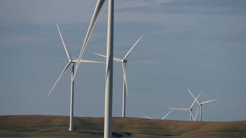 Slender-blades on wind turbines on brown hills above a green crop